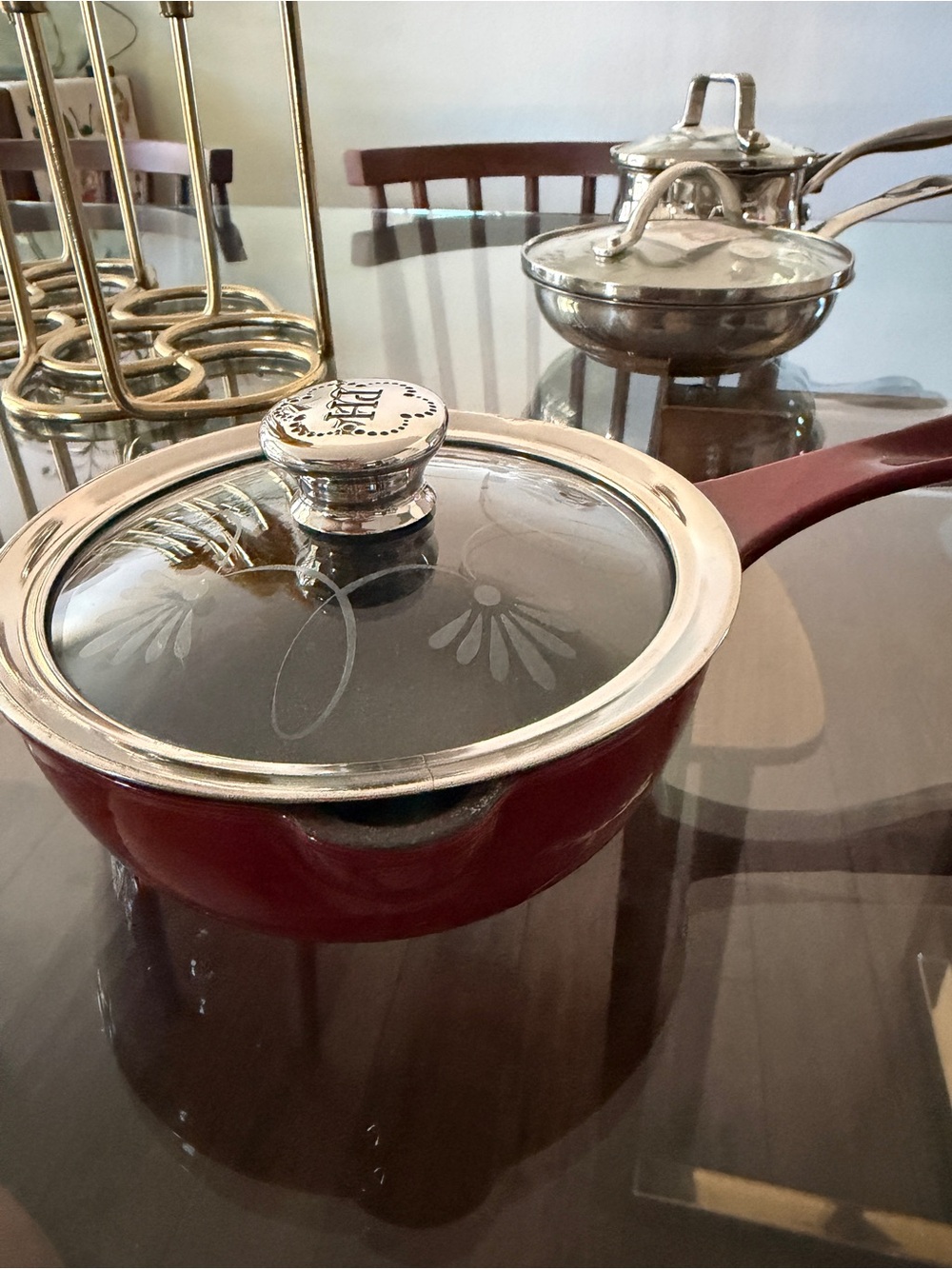 Princess House Red Decorative Glass-Lid Saucepan with Handle